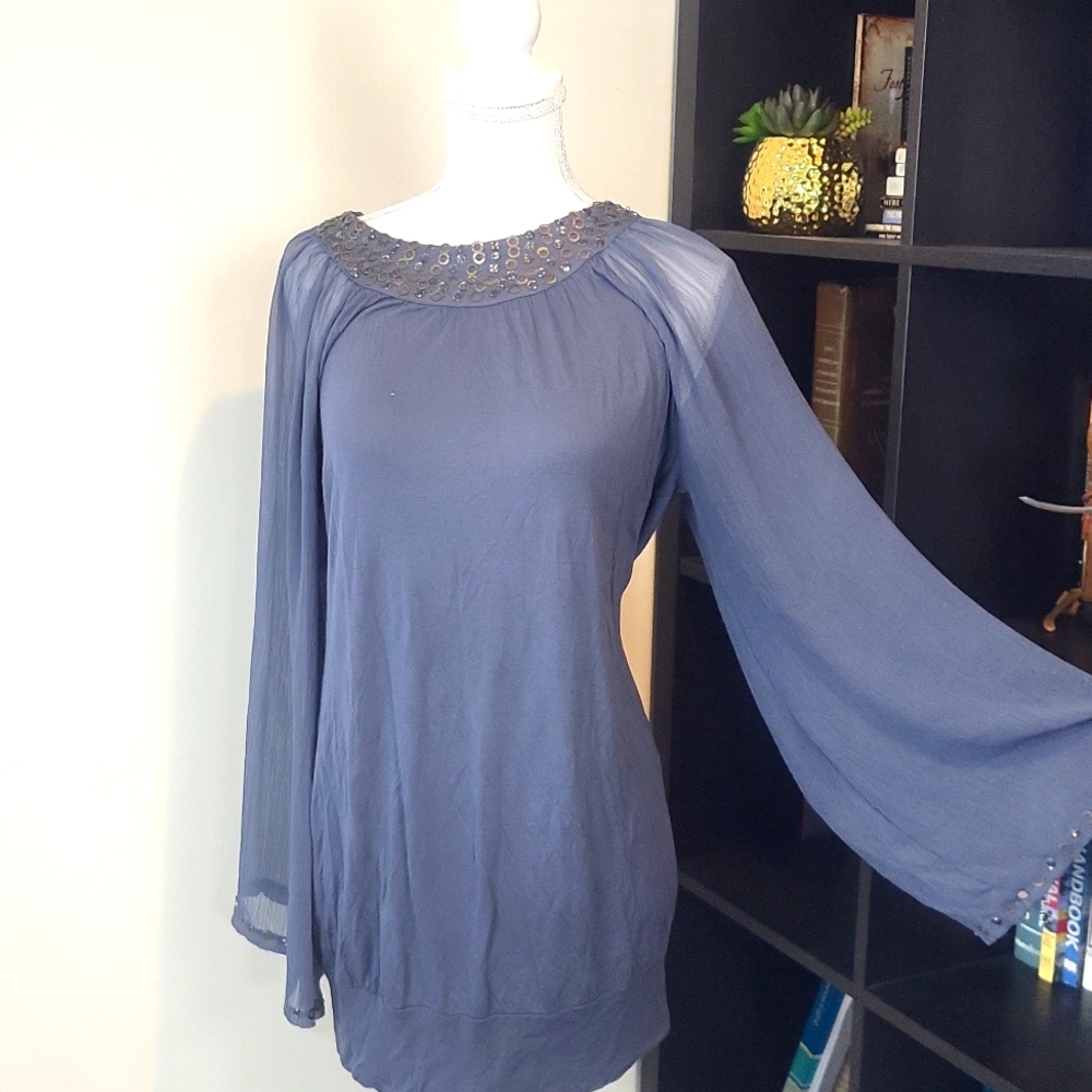 KISCHE Gray Blue Jeweled Collar Sheer Jewel Bell Sleeves Tunic Mini Dress-Flaw